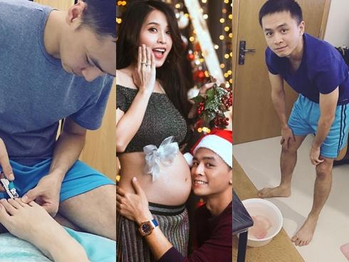 Tú Vi được ông xã Văn Anh cắt tỉa móng, bưng nước ngâm chân khi mang bầu