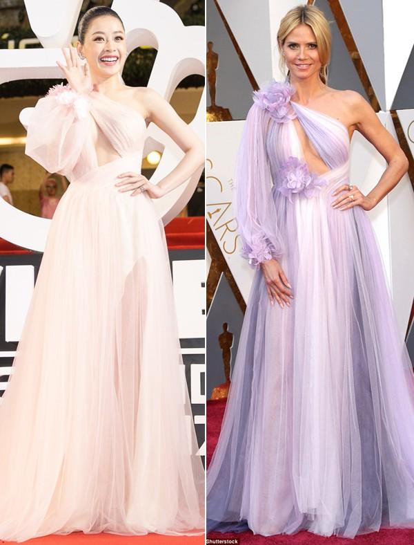 Bạn có nhận ra sự giống nhau kỳ lạ giữa bộ cánh siêu vòng 1 của Chi Pu và đầm của Heidi Klum?-7