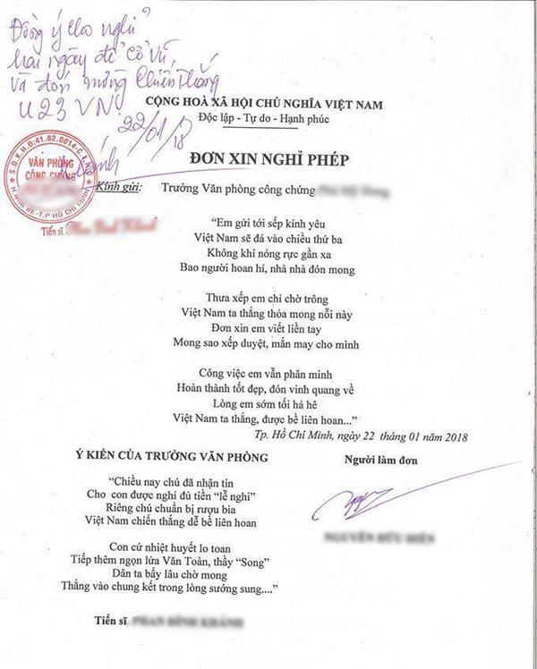 Viết đơn xin phép bằng thơ, nhân viên được sếp cho nghỉ hẳn 2 ngày cổ vũ U23 Việt Nam-1
