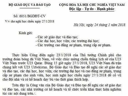 Bộ GD&ĐT đề nghị điều tra công văn cho học sinh nghỉ học xem bóng đá
