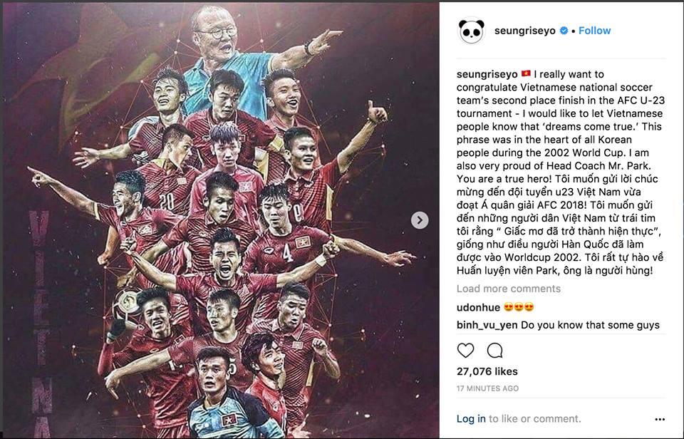 Big Bang Seungri gửi lời chúc mừng chiến thắng tới tuyển U23 Việt Nam bằng tiếng Việt-1