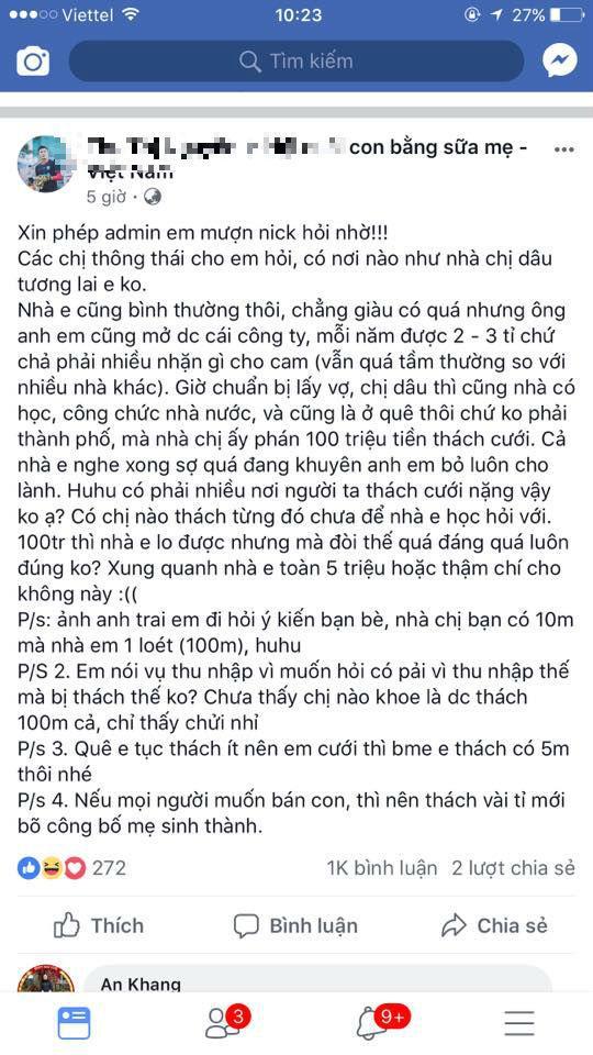 Tranh cãi chuyện nhà gái thách cưới nhà trai 100 triệu đồng-1