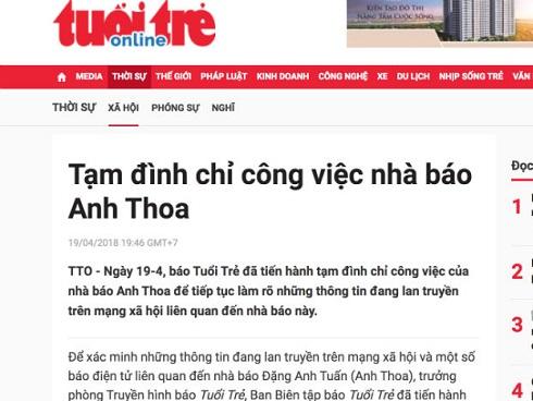 Tuổi Trẻ đình chỉ nhà báo Anh Thoa để xác minh nghi vấn xâm hại tình dục