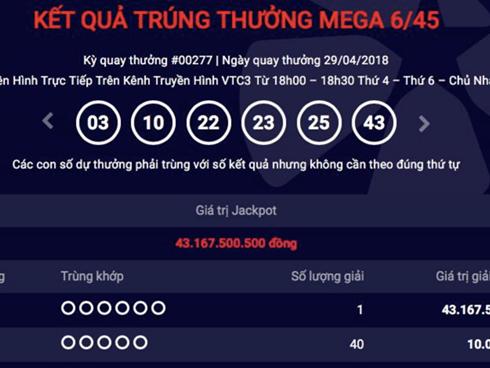 Kết quả xổ số Vietlott: Trúng 43 tỷ đồng dịp nghỉ lễ 30/4