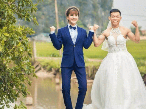 Sốt xình xịch với bộ ảnh cưới 'hoán đổi giới tính' của cặp đôi Ninh Bình