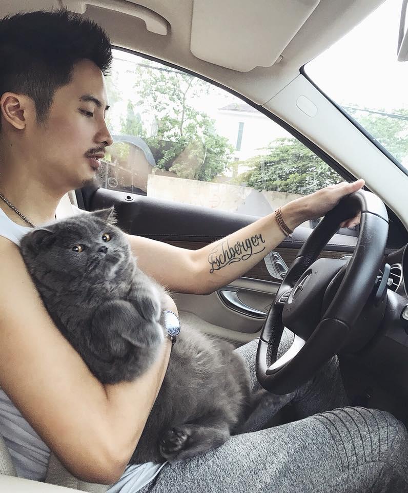 Vlogger JVevermind vừa lái xe, vừa bế thú cưng cùng chia sẻ hóm hỉnh: "Đang ngủ ngon bị dựng dậy. Thù này không trả tao không làm mèo".