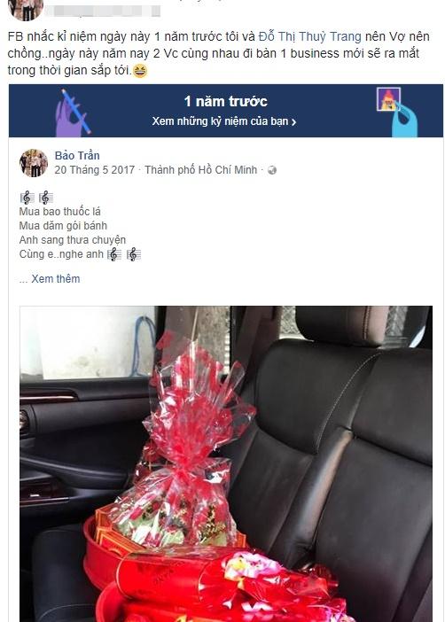 Bảo Trần chia sẻ kỷ niệm Facebook nhắc lại 1 năm trước mang lễ vật sang hỏi cưới bà xã Trang Pilla.