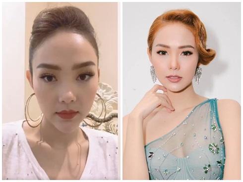 Minh Hằng mất điểm với kiểu lộng mày rậm rạp và chiếc cằm dài ngoằng khi livestream. Trong bức hình thứ 2 với kiểu trang điểm nhẹ nhàng nude, nữ ca sĩ lột tả được hết vẻ đẹp.