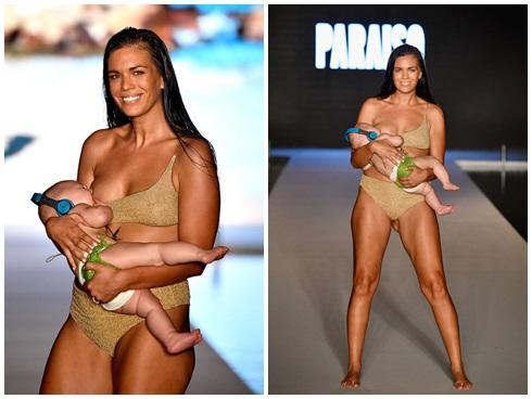 Mẫu vừa catwalk vừa cho con bú khiến khán giả sửng sốt