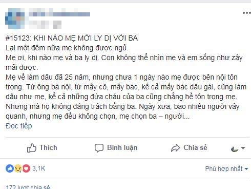 Mạng xã hội dậy sóng trước tâm sự 'khi nào mẹ mới ly dị với cha?'