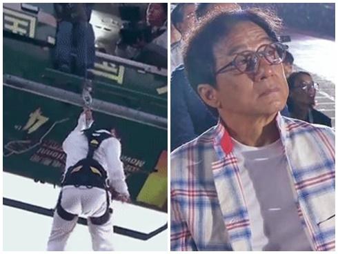 Thành Long tuổi 64 đu dây từ trực thăng khi xuất hiện trên truyền hình