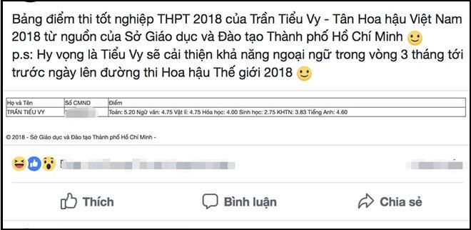 Tân Hoa hậu Việt Nam 2018 Trần Tiểu Vy bị nghi tốt nghiệp THPT với bảng điểm dưới trung bình-2