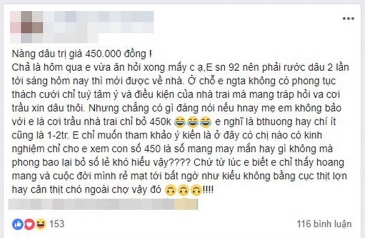 Nhà trai bỏ tráp 450 nghìn đồng, cô dâu hoang mang cuộc đời mình rẻ mạt đến bất ngờ-1