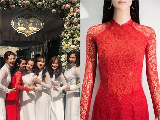 Cận cảnh bộ áo dài đỏ khác biệt của Nhã Phương trong lễ ăn hỏi tràn ngập màu trắng
