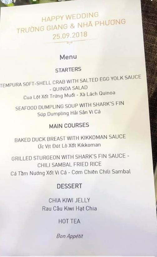 Thực đơn tiệc cưới sang trọng trái ngược hoàn toàn đám hỏi của Trường Giang và Nhã Phương-2