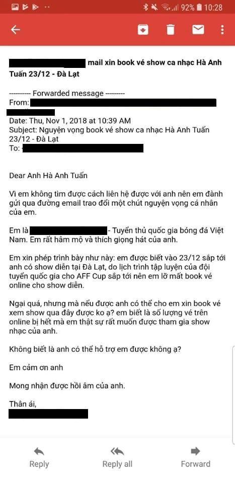 Tuyển thủ Việt Nam viết mail xin mua vé dự liveshow Hà Anh Tuấn-1