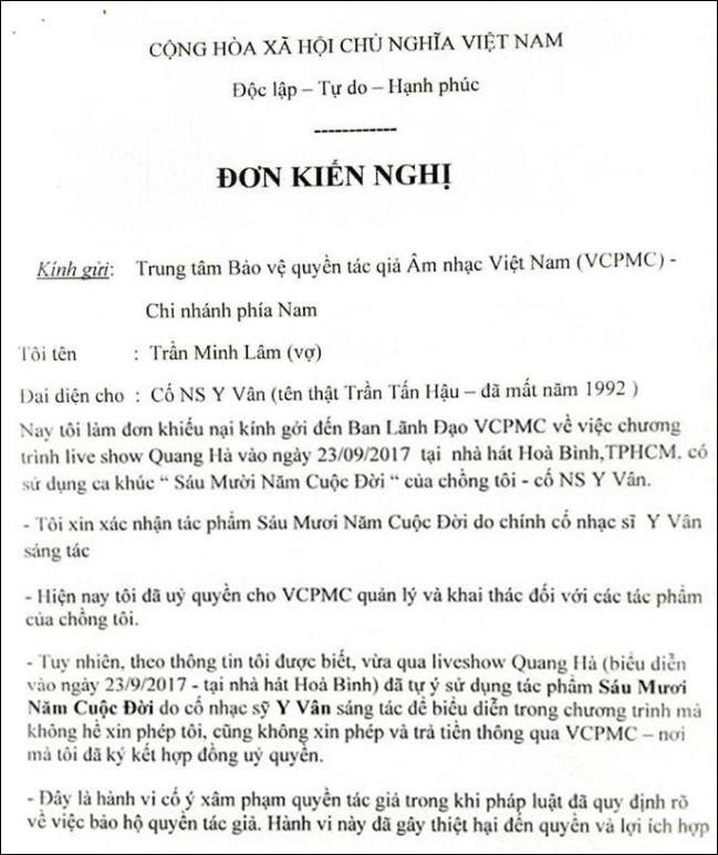 Quang Hà bị vợ cố nhạc sĩ Y Vân và nhiều người khiếu kiện vi phạm tác quyền-3
