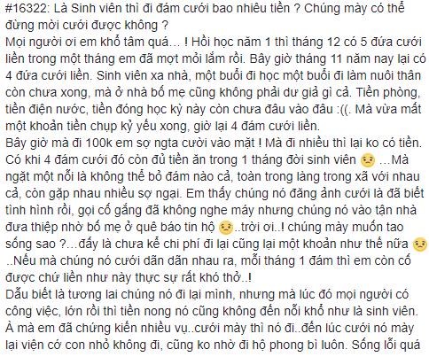Sinh viên than trời vì tiền mừng cưới cuối năm: Các bạn có thể đừng mời cưới nữa được không?-1