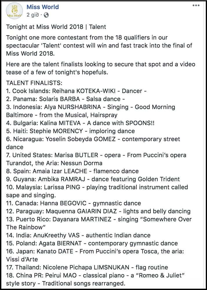 Tiểu Vy lạc trôi khỏi top 18, đại diện Nhật Bản thắng giải Tài năng tại Miss World đúng như dự đoán-1