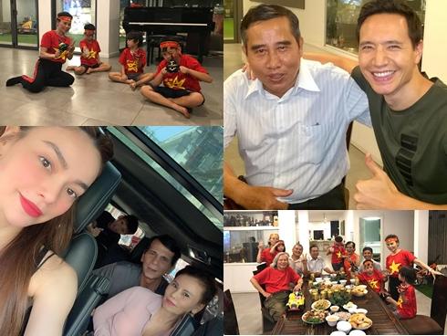 Kim Lý cùng gia đình Hồ Ngọc Hà ăn mừng đội tuyển Việt Nam vô địch trong biệt thự triệu đô