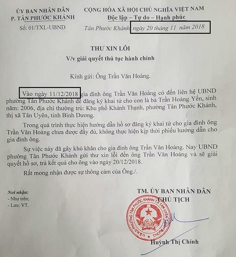 Bố đi khai tử cho con ở Bình Dương 3 lần không được: Thư xin lỗi của phường kí trước cả tháng-1