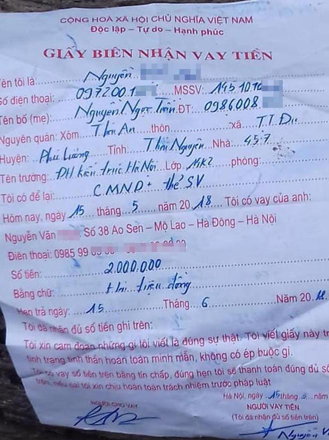 Nam sinh viên năm cuối được phát hiện treo cổ cùng giấy nợ 2 triệu đồng-2