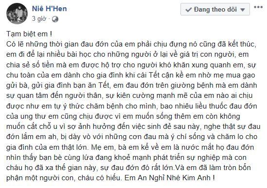 HHen Niê gửi lời vĩnh biệt đến người mẫu 9x qua đời vì ung thư buồng trứng khiến người đọc nghẹn đắng-2