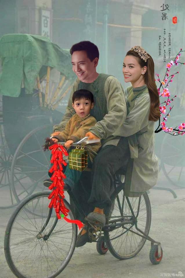 ẢNH CHẾ SỐT XÌNH XỊCH: Kim Lý kẹp 3 bằng xe đạp đưa Hồ Ngọc Hà và Subeo đi chợ sắm Tết-1