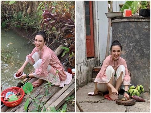 Angela Phương Trinh rửa bát bờ ao, vác dao chặt chuối khi về quê ăn Tết