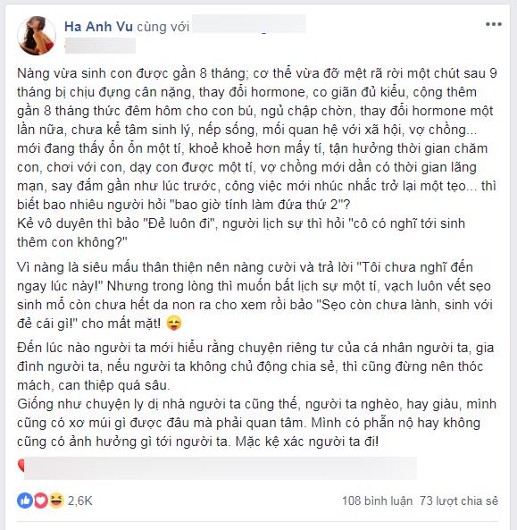 Mới sinh con 8 tháng đã bị giục mang bầu lần hai, Hà Anh cáu gắt: Sẹo chưa lành, sinh với đẻ cái gì?-1