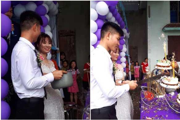 Cô dâu, chú rể lấy dao phay cắt bánh, uống rượu bằng nồi cơm điện-2