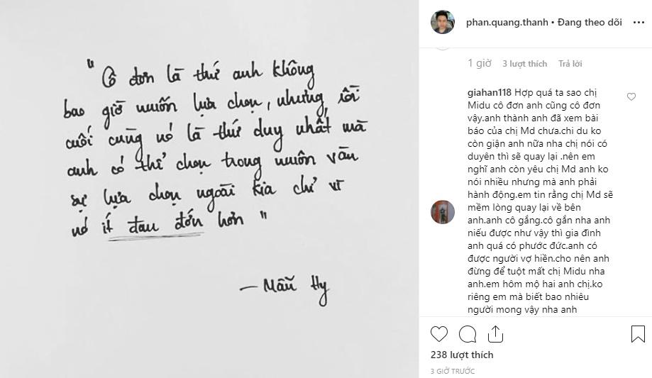 Phan Thành tung mẻ lưới anh cô đơn, fans khẳng định giúp: Midu không giận anh, chị nói còn duyên sẽ quay lại-1