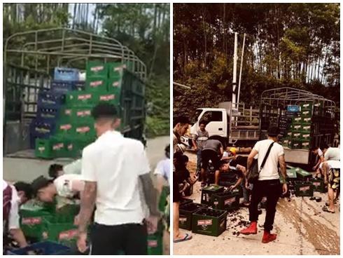 'Hùng hổ' tiến đến chiếc xe chở bia gặp tai nạn, nhóm 'anh em xăm trổ' có hành động đẹp như trong phim