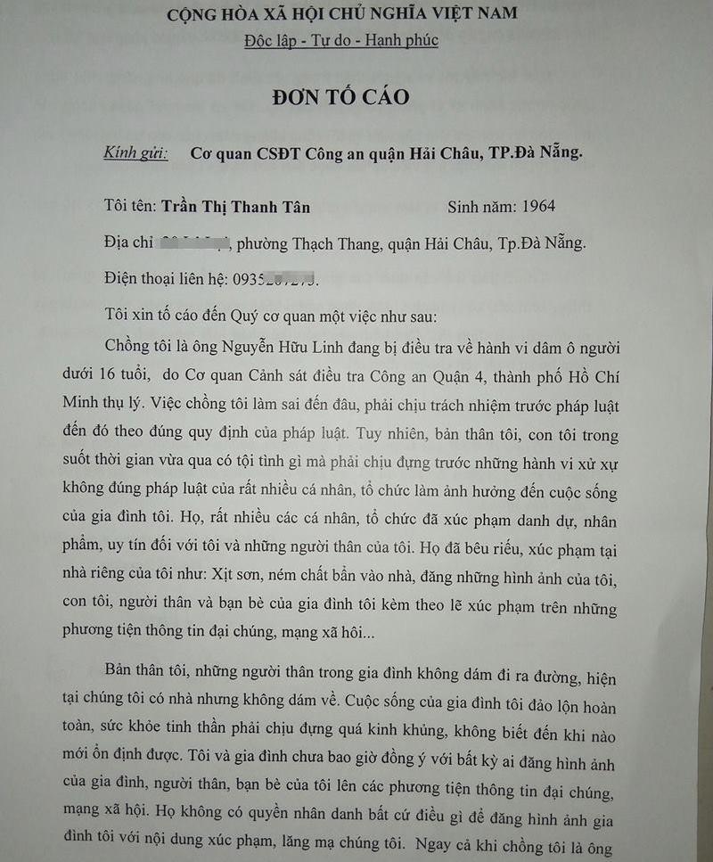 Vợ ông Nguyễn Hữu Linh gửi đơn tố cáo đến công an vì bị làm nhục-2