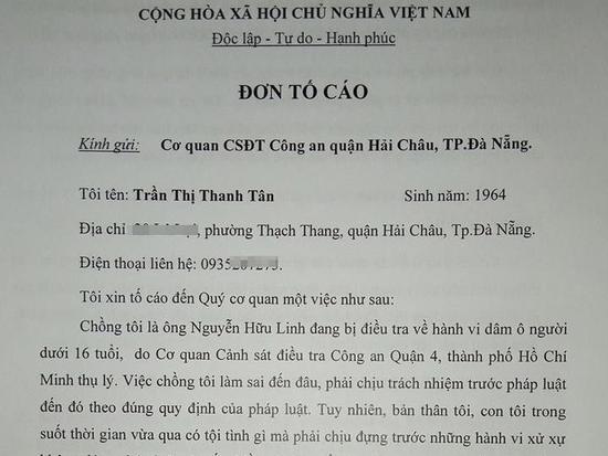 Vợ ông Nguyễn Hữu Linh gửi đơn tố cáo đến công an vì bị làm nhục