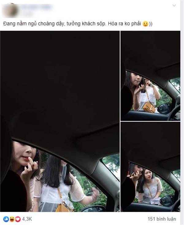 Gái xinh hồn nhiên trang điểm trước gương ô tô, tài xế tưởng vớ được khách sộp, dân mạng lại dáo dác truy tìm-1