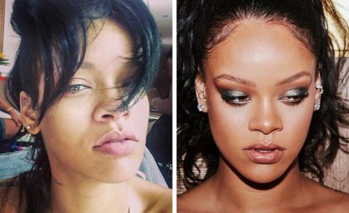 Rihanna có phần nhợt nhạt, kém sắc nét khi không trang điểm. Bù lại, nữ ca sĩ có đôi môi căng mọng, quyến rũ.