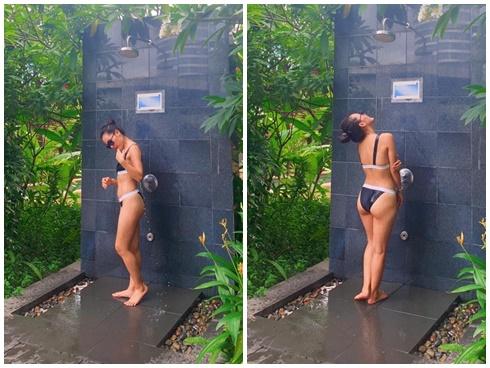 Ở tuổi 35, Phương Linh khoe vòng ba 'khủng' với bikini đứng tắm dưới vòi sen ngoài trời