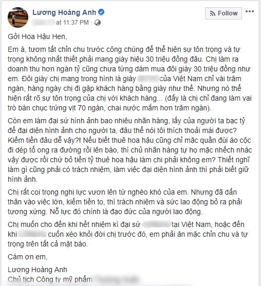 Sau khi mắng HHen Niê quê mùa lôm côm, vợ cũ Huy Khánh tiếp tục yêu cầu Hoa hậu phải tự trọng hơn và chấm dứt đi dép tổ ong-3