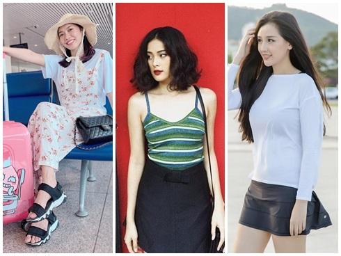 Diệu Nhi khoe thời trang sân bay như bà bầu đi đẻ - Mai Phương Thúy phô cặp giò trứ danh với váy ngắn cũn