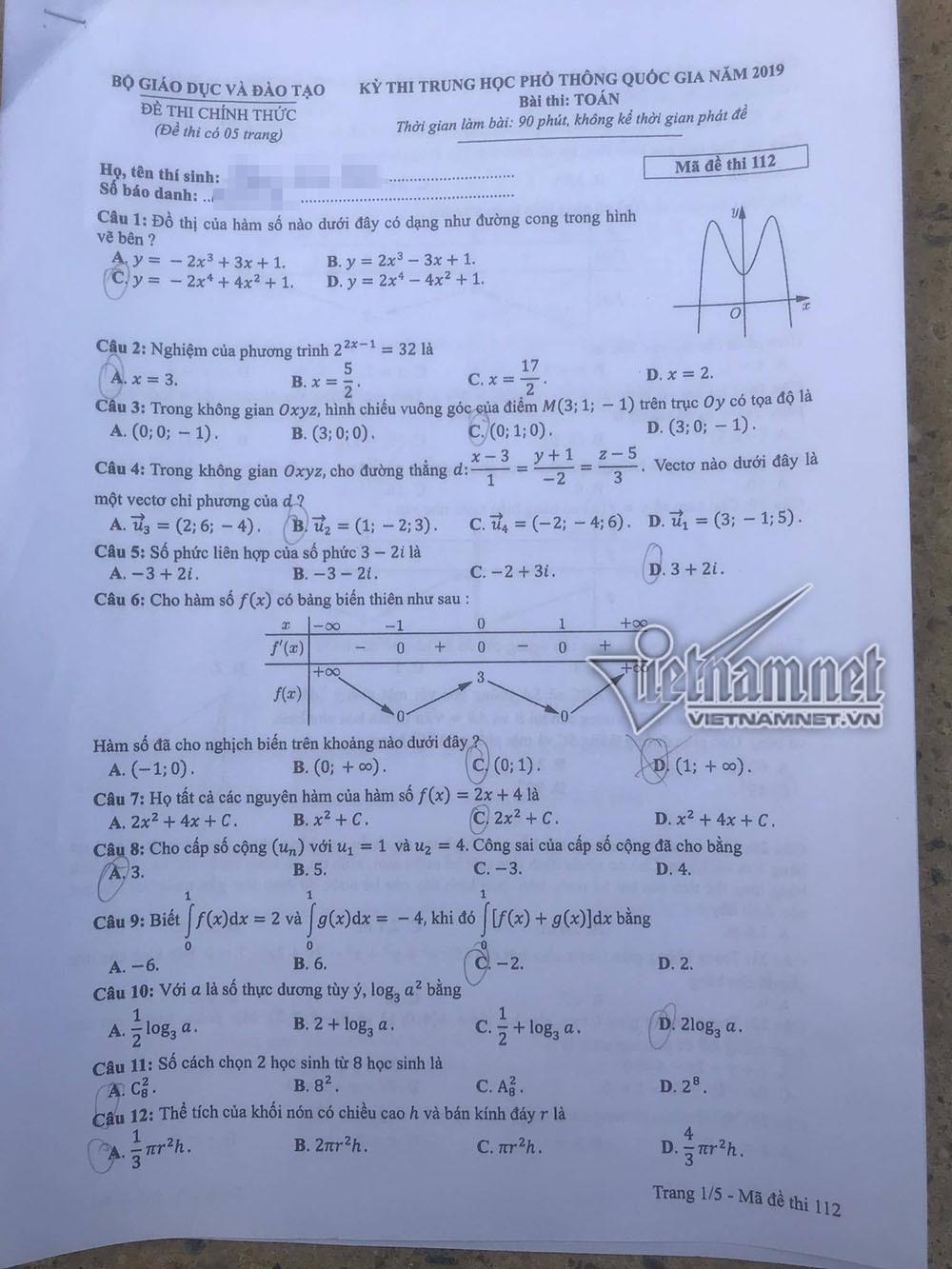 Đề thi THPT quốc gia môn Toán 2019 chính thức của Bộ GD-ĐT-1