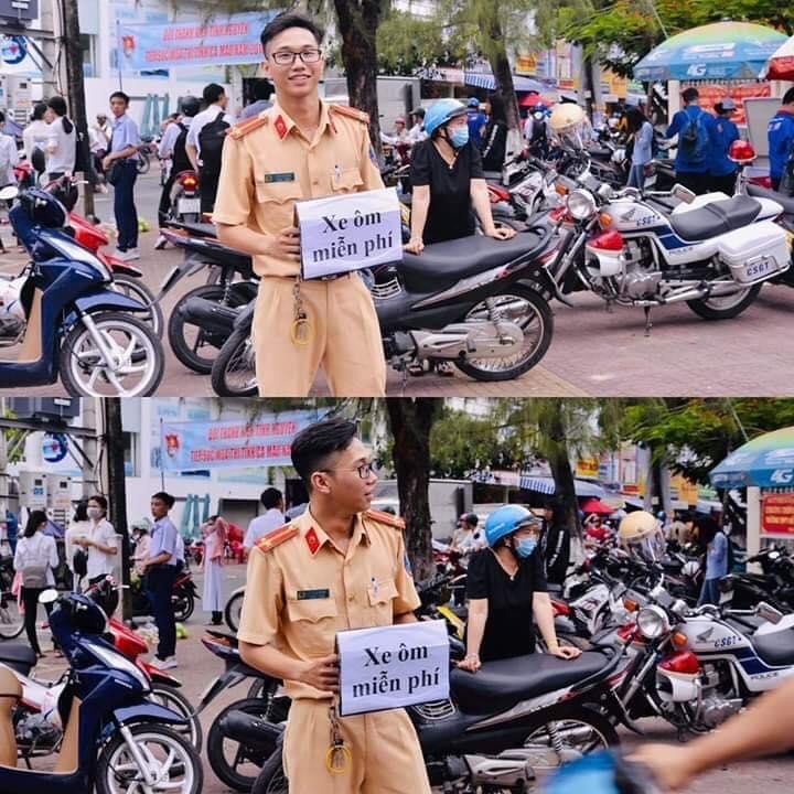 Chiến sĩ cảnh sát giao thông với tấm biển Xe ôm miễn phí gây bão kỳ thi THPT quốc gia-3