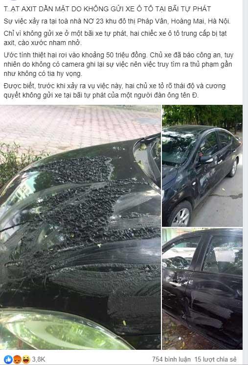 Chỉ vì không gửi xe vào bãi, 2 chiếc ô tô ở Hà Nội bị tạt axit, cào xước như ma trận-1