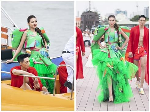 Thanh Hằng mặc đầm vedette mà như áo phao, ngồi cano dạo quanh sông Sài Gòn