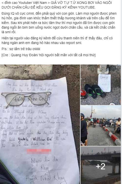Thanh niên giả vờ nhảy cầu tự tử, để lại ĐƠN XIN CHẾT khiến ai đọc xong cũng... há hốc mồm-1