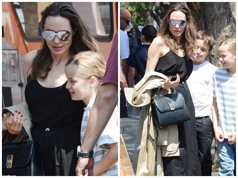 Angelina Jolie không mặc áo ngực, đi dép lê khi xuống phố cùng cặp sinh đôi