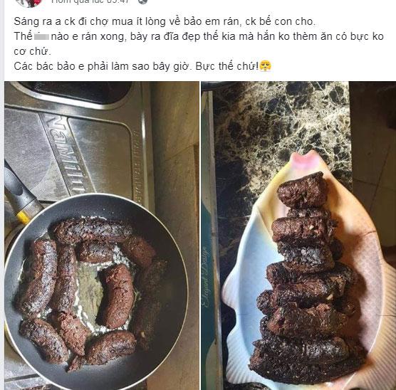 Chồng cặm cụi đi chợ mua lòng về cho vợ rán, làm xong bày đẹp đẽ mời ra ăn thì... chồng chạy mất dép-1