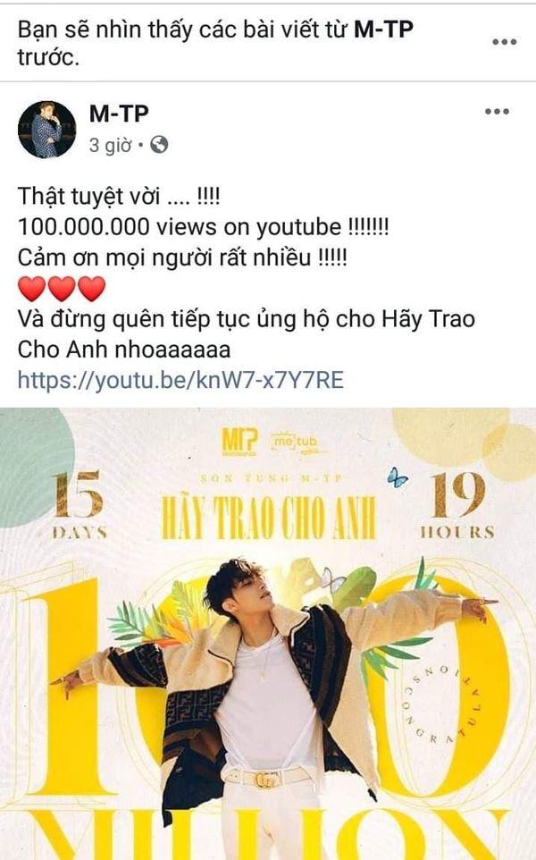 Sơn Tùng M-TP vui quá hóa lú lẫn khi đăng ảnh chúc mừng Hãy trao cho anh 100 triệu view nhưng lại kêu gọi ủng hộ Em của ngày hôm qua-2