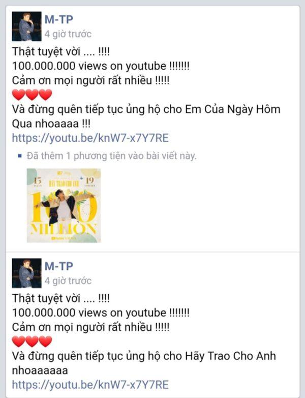 Sơn Tùng M-TP vui quá hóa lú lẫn khi đăng ảnh chúc mừng Hãy trao cho anh 100 triệu view nhưng lại kêu gọi ủng hộ Em của ngày hôm qua-4