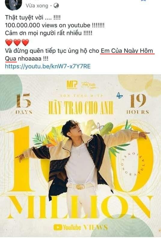 Sơn Tùng M-TP vui quá hóa lú lẫn khi đăng ảnh chúc mừng Hãy trao cho anh 100 triệu view nhưng lại kêu gọi ủng hộ Em của ngày hôm qua-3